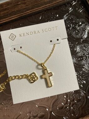 Kendra Scott Gold Cross Necklace with White Opal Inlay
